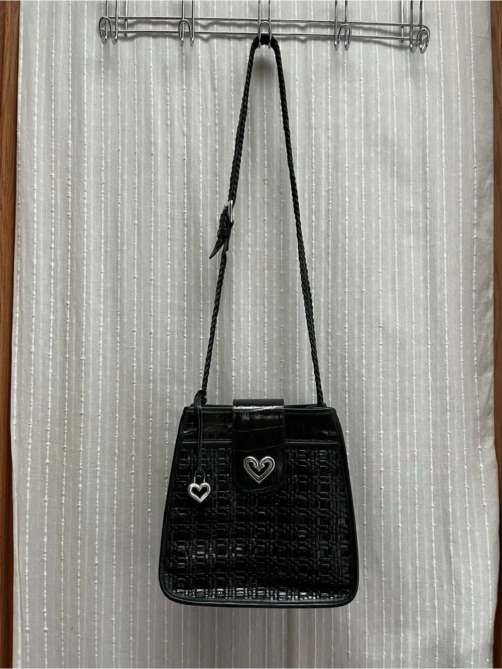 Brighton Cecilia Black Leather Woven Croc Shoulder Bag Crossbody Heart